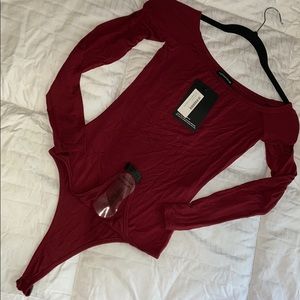 Burgundy off the shoulder thong bodysuit